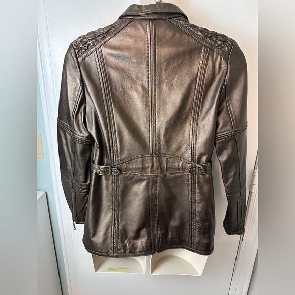 Women’s Leather Excelled Collection Zip Jacket metallic bronze belt strap Size M - Picture 4 of 13